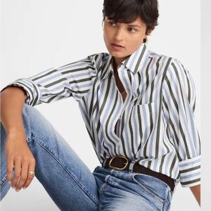 Madewell Easy Y-Neck‎ Button-Up Striped Shirt Botanical Green Small